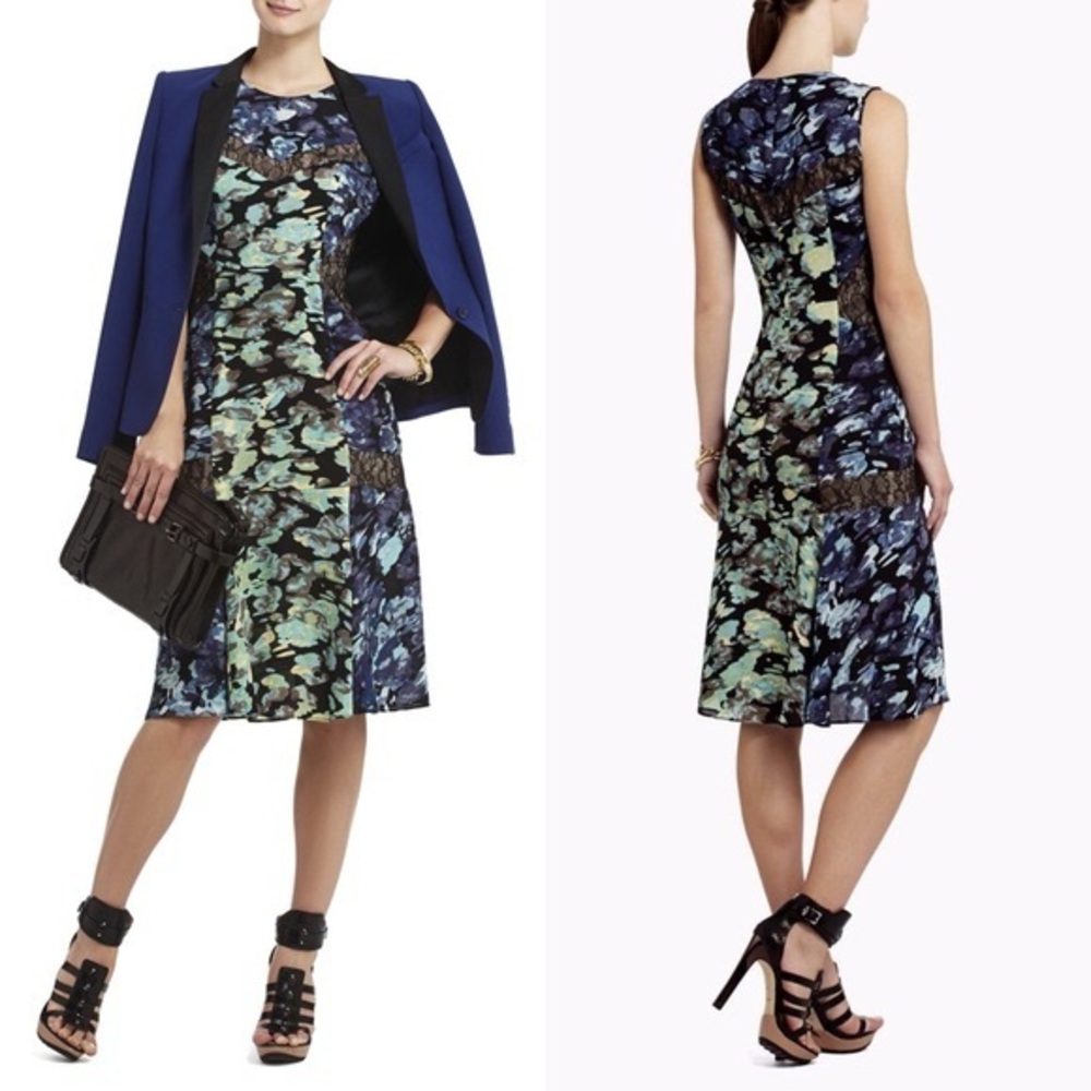 BcbgMaxazria Jolie Printed Lace Inset Dress Blue Green Size XS